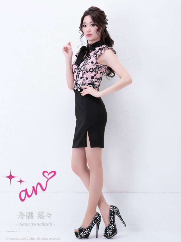 画像4: 【an/アン】リボンネック/ フラワーレース刺繍/ タイト/ キャバドレス[OF05] (4)