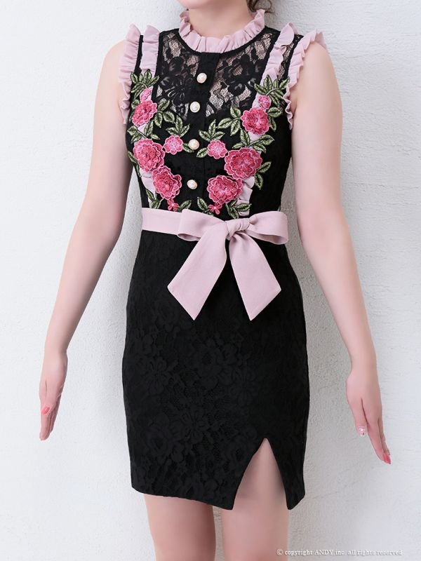 画像6: 【an_selection_Vol.18掲載商品】フラワー刺繍 /フリルライン /ウエストリボン /タイト /キャバドレス[OF05] (6)