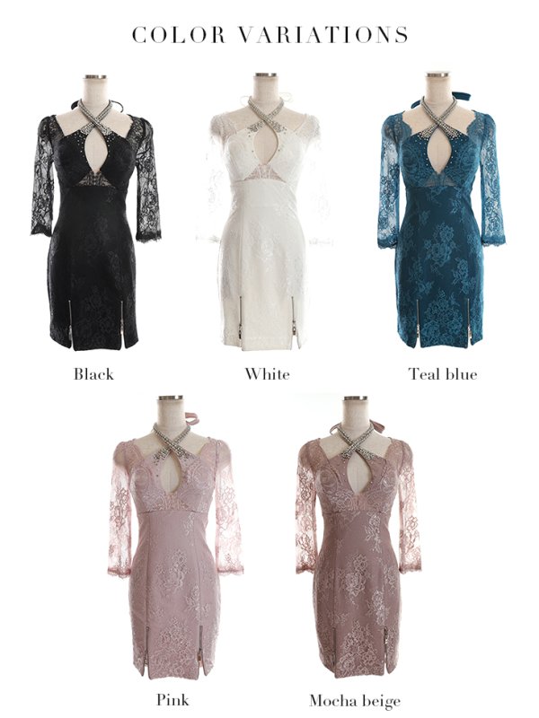 画像15: XS?Lサイズあり【Glossy/グロッシー】ホルターネック/ アメスリ/ レーススリーブ/ 七分袖/ 長袖/ 袖あり/ ジップ/ タイト/ ミニドレス/ キャバドレス【OF08】 (15)