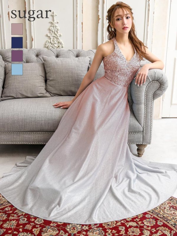 画像2: 【関西コレクション着用】【Lip line/リップライン】ビジュー/ ホルターネック/ ラメグラデーション/ Aライン/ キャバドレス long[HC03] (2)