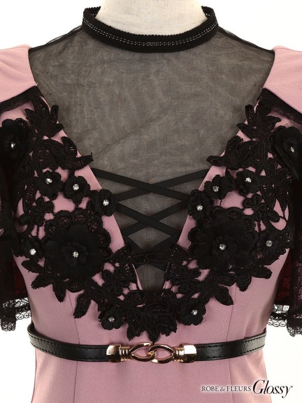 画像7: XSサイズあり【Glossy/グロッシー】長袖/ レース/ ラップ/ ビーズ/ チュール/ セットアップ/ タイト/ ミニドレス/ キャバドレス[OF08] (7)