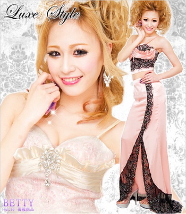 画像1: 【Luxe　Style】キラキラ☆ブローチが豪華に輝きインパクト◎♪　優美なデザインでスタイルも綺麗に演出★大人気セットアップドレス　　*Sサイズlong【HC03】 (1)