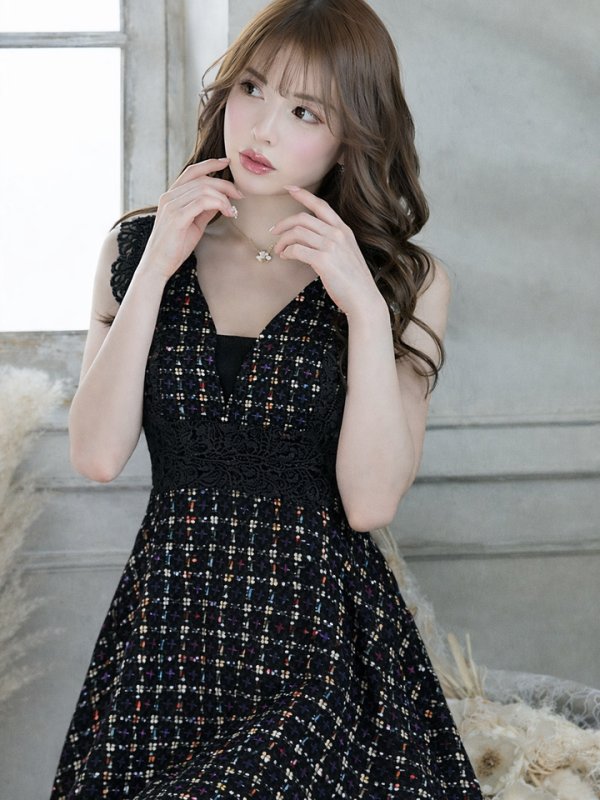 画像2: 【Donia Quinn / ドニアクイーン】 レース/ ツイード/ Aライン/ ワンピース/ ミニドレス/ キャバドレス[OF05] (2)