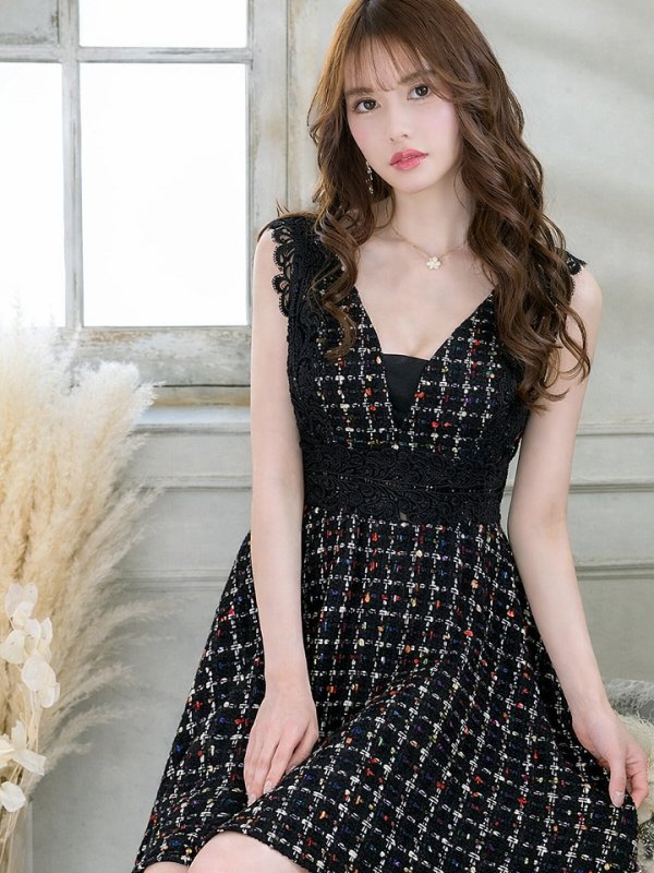 画像1: 【Donia Quinn / ドニアクイーン】 レース/ ツイード/ Aライン/ ワンピース/ ミニドレス/ キャバドレス[OF05] (1)