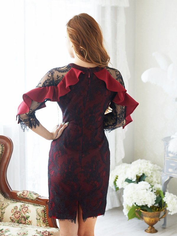 画像7: XLサイズあり【Alice/アリス】 フリルデザイン/ 総レース/ 袖あり/ タイト/ ミディアム丈/ミニドレス/ キャバドレス【HC03】 (7)