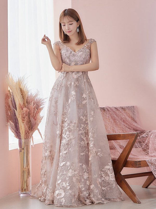 画像2: Lサイズあり【JEAN MACLEAN/ジャンマクレーン】フラワー刺繍レース/ Aライン/ フレア/ ロング/ キャバドレス long[OF2A] (2)