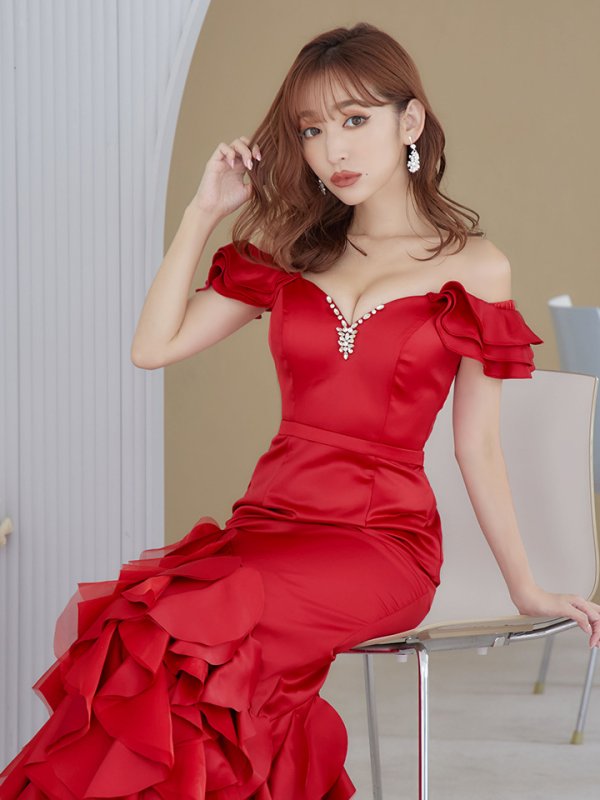 画像8: Lサイズあり【JEAN MACLEAN/ジャンマクレーン】フリル/ オフショル/ マーメイド/ ビジュー/ スピンドル/ ロングドレス/ キャバドレス long[OF2A] (8)