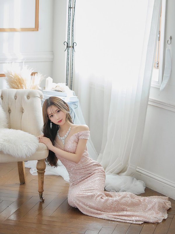 画像3: Lサイズあり【JEAN MACLEAN/ジャンマクレーン】オフショル/ ワンカラー/ スパンコール/ ビジュー/ マーメイド/ タイト/ ロングドレス/ キャバドレス long[OF2A] (3)