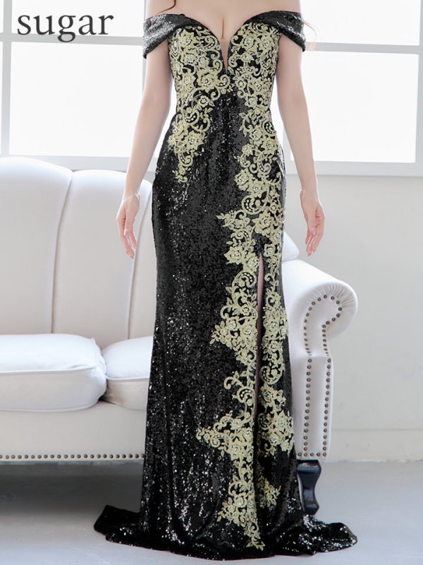 画像8: 【JEAN MACLEAN/ジャンマクレーン】スパンコール/ オフショル/ デザイン刺繍/ スリット/ ロング/ キャバドレス long[OF2A] (8)