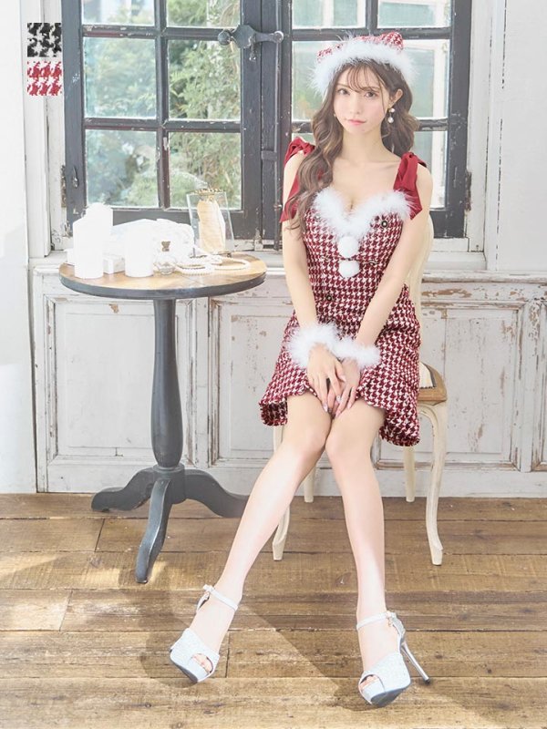 画像5: SALE!【サンタコス 4点セット】【S-Lサイズ/2カラー】ショルダーリボン千鳥タイトサンタコスプレ[YMT] (5)