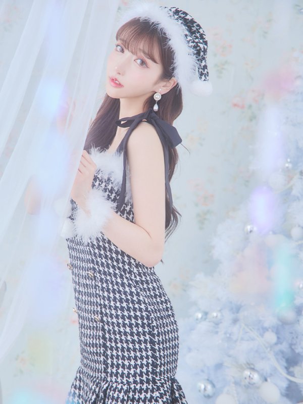 画像27: SALE!【サンタコス 4点セット】【S-Lサイズ/2カラー】肩リボンブラック千鳥タイトサンタコスプレ[YMT] (27)