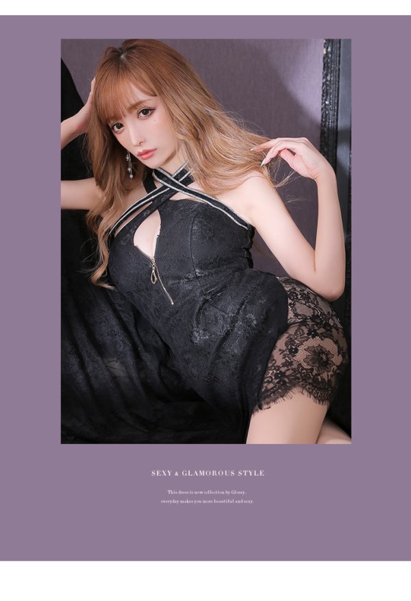 画像4: 【XSサイズあり】【Glossy/グロッシー】バストクロスジップ/ ZIP 片サイドレース切替/ タイト/ ミニドレス/ キャバドレス【OF08】 (4)