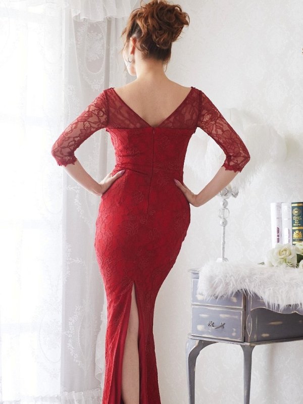 画像3: XLサイズあり【Luxe Style/リュクススタイル】総レース/ オフショル/ フロントジップ/ 袖あり/ タイトスリーブ/ マーメイド/ ロングドレス/ キャバドレス long【HC03】 (3)
