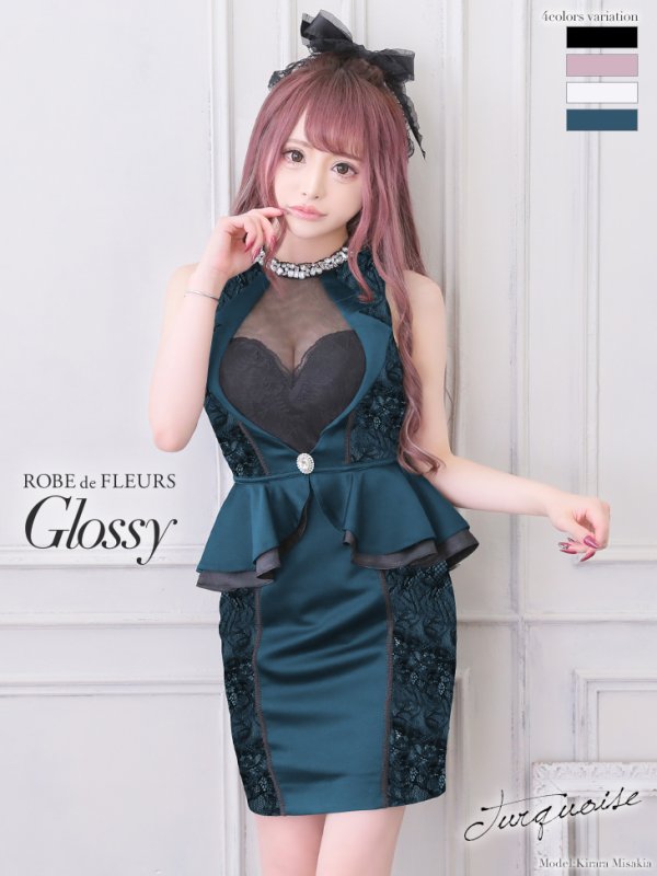 【ROBE de FLEURS Glossy/ローブ・ド・フルール グロッシー】ビジュー/ レース/ ペプラム/タイト/ ミニドレス/ キャバドレス　ターコイズ