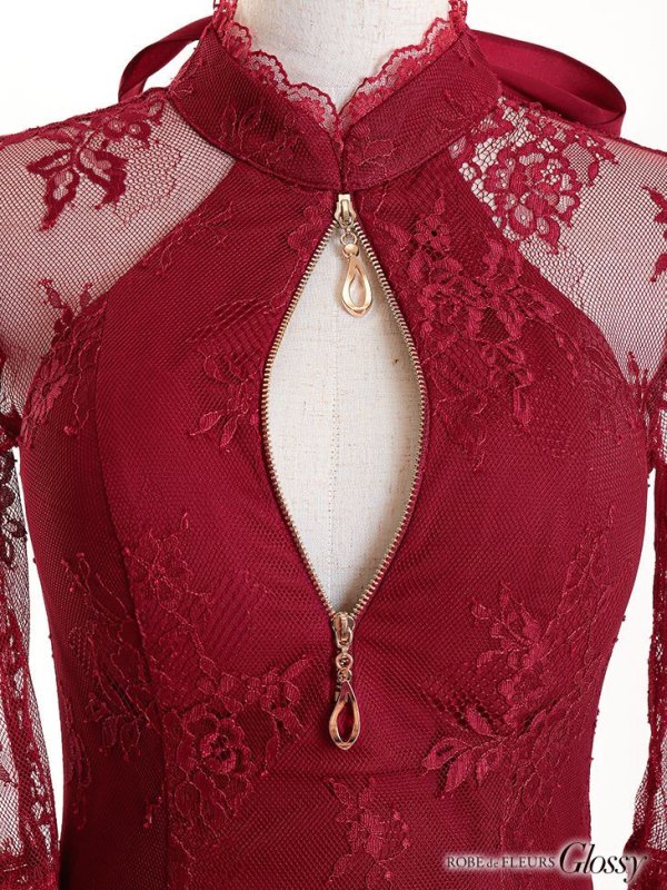 画像10: 【Lサイズあり】 【Glossy/グロッシー】ジップ/ ZIP 袖あり/サイドレース切替/ ロングドレス/ キャバドレスlong[OF08] (10)