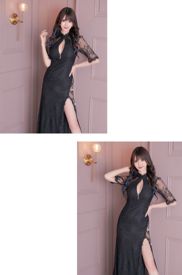 画像7: 【Lサイズあり】 【Glossy/グロッシー】ジップ/ ZIP 袖あり/サイドレース切替/ ロングドレス/ キャバドレスlong[OF08] (7)