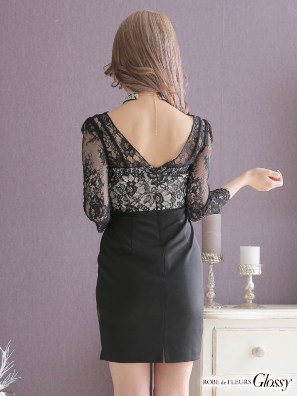 画像7: XSサイズあり【Glossy/グロッシー】チョーカー付き / レース/ 七分袖 / 長袖 / タイト / ミニドレス / キャバドレス【OF08】 (7)