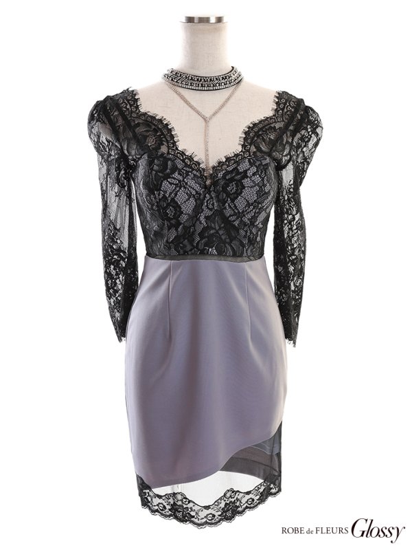 画像9: XSサイズあり【Glossy/グロッシー】チョーカー付き / レース/ 七分袖 / 長袖 / タイト / ミニドレス / キャバドレス【OF08】 (9)