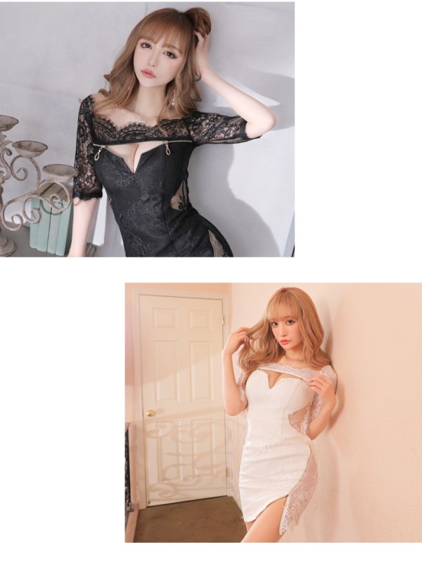 画像2: 【Glossy/グロッシー】オフショル/ ジップ/ ZIPフロントジップ/ ZIP 袖あり/ タイト/ ミニドレス/ キャバドレス【OF08】 (2)