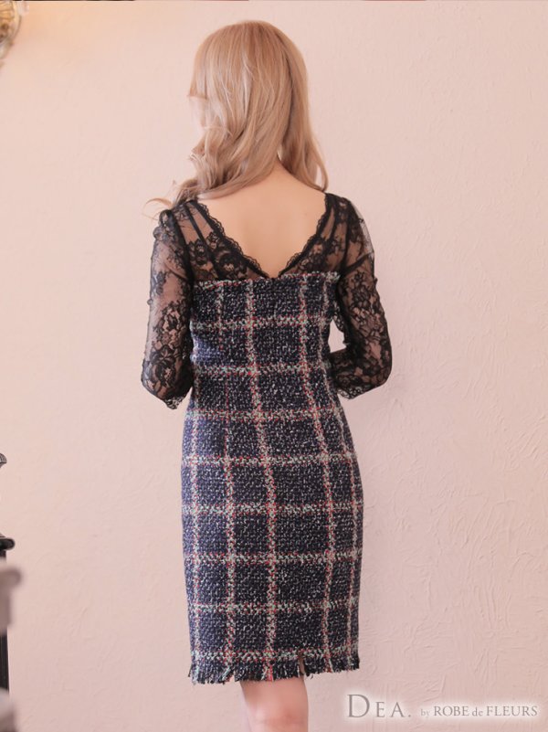 画像3: Lサイズあり【DEA./ディア】ツイード/ レーススリーブ/ 七分袖/ 長袖/ タイト/ ミニドレス/ キャバドレス【OF08】 (3)