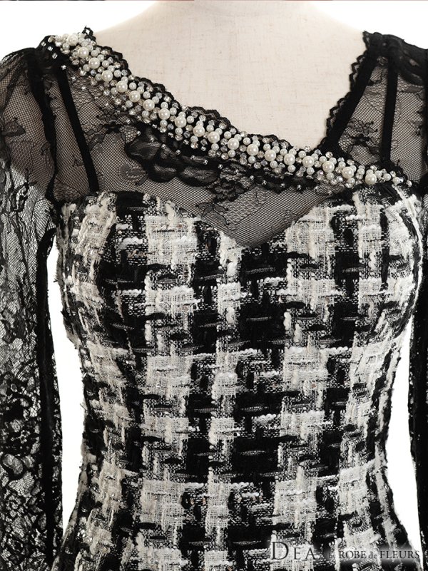 画像4: Lサイズあり【DEA./ディア】ツイード/ レーススリーブ/ 七分袖/ 長袖/ タイト/ ミニドレス/ キャバドレス【OF08】 (4)