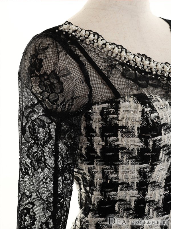 画像5: Lサイズあり【DEA./ディア】ツイード/ レーススリーブ/ 七分袖/ 長袖/ タイト/ ミニドレス/ キャバドレス【OF08】 (5)