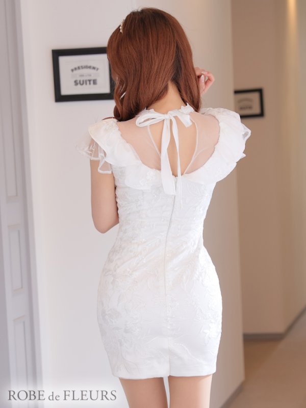 画像7: 【ROBE de FLEURS/ローブドフルール】ビジューライン/ Vカット/ フリルスリーブ/ 刺繍レース/ タイト/ ミニドレス/ キャバドレス[OF08] (7)
