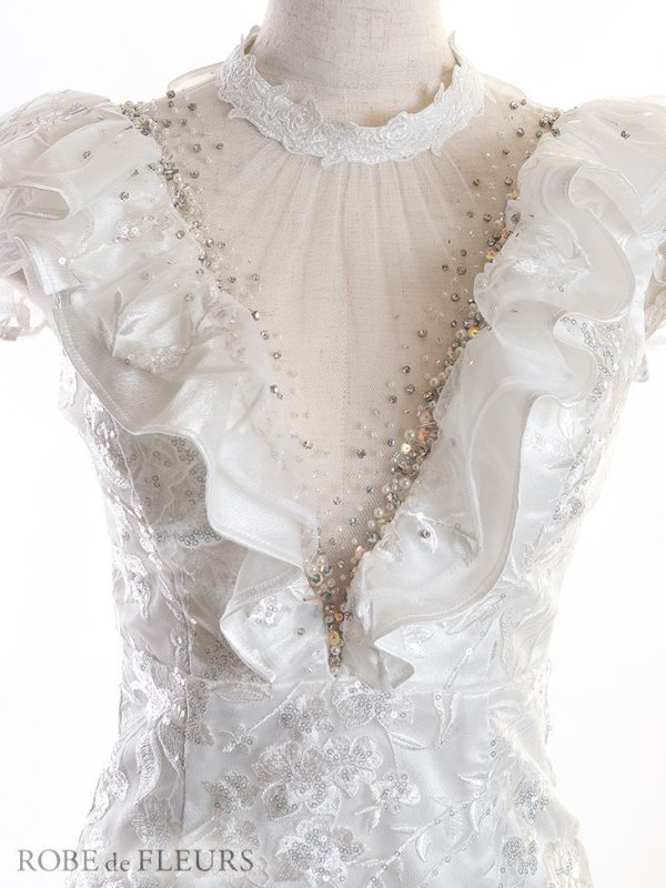 画像8: 【ROBE de FLEURS/ローブドフルール】ビジューライン/ Vカット/ フリルスリーブ/ 刺繍レース/ タイト/ ミニドレス/ キャバドレス[OF08] (8)