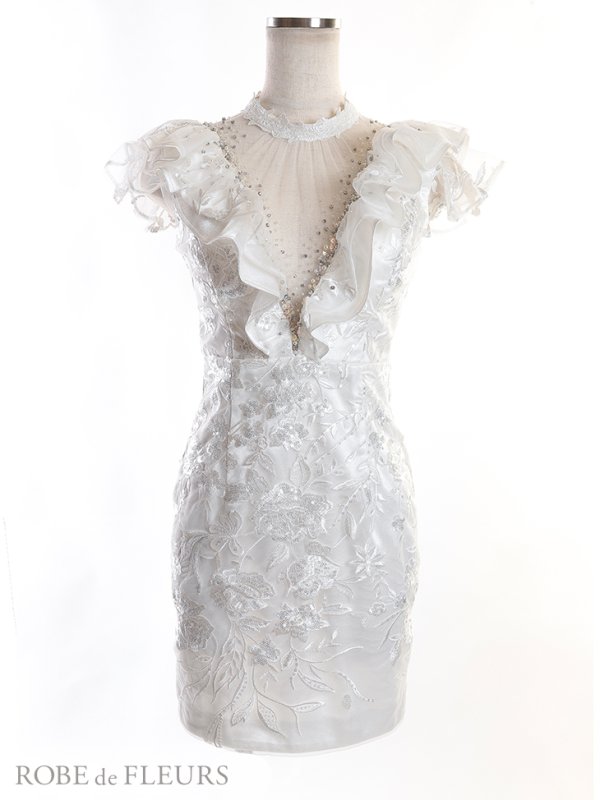 画像12: 【ROBE de FLEURS/ローブドフルール】ビジューライン/ Vカット/ フリルスリーブ/ 刺繍レース/ タイト/ ミニドレス/ キャバドレス[OF08] (12)