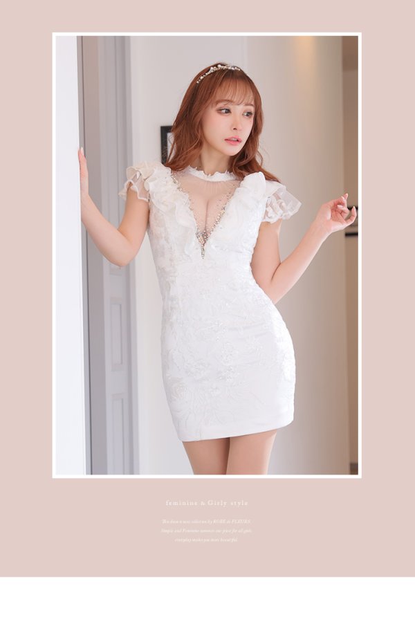 画像4: 【ROBE de FLEURS/ローブドフルール】ビジューライン/ Vカット/ フリルスリーブ/ 刺繍レース/ タイト/ ミニドレス/ キャバドレス[OF08] (4)