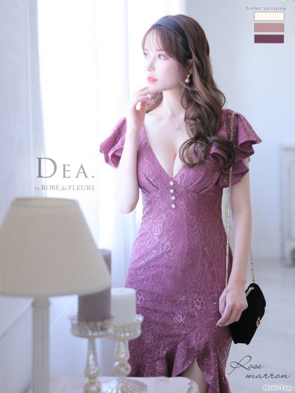 Lサイズあり【DEA. by ROBE de FLEURS/ディアバイローブドフルール】総レース/ フリル/ ワンピース/ 膝丈/ ミディアム/タイト/ ミニドレス/ キャバドレス ローズマロン