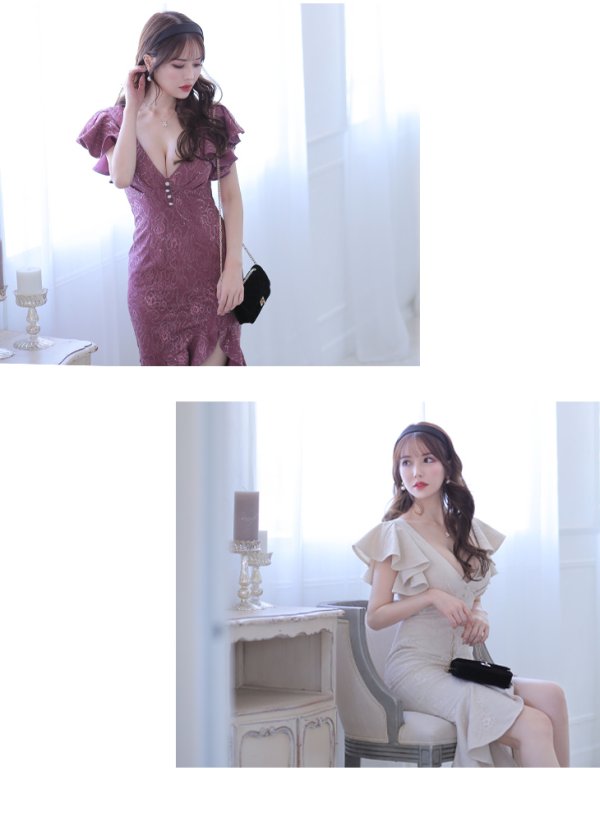 画像3: Lサイズあり【DEA./ディア】マーメイド/ 総レース/ フリル/ ワンピース/ 膝丈/ ミディアム/タイト/ ミニドレス/ キャバドレス【OF08】 (3)