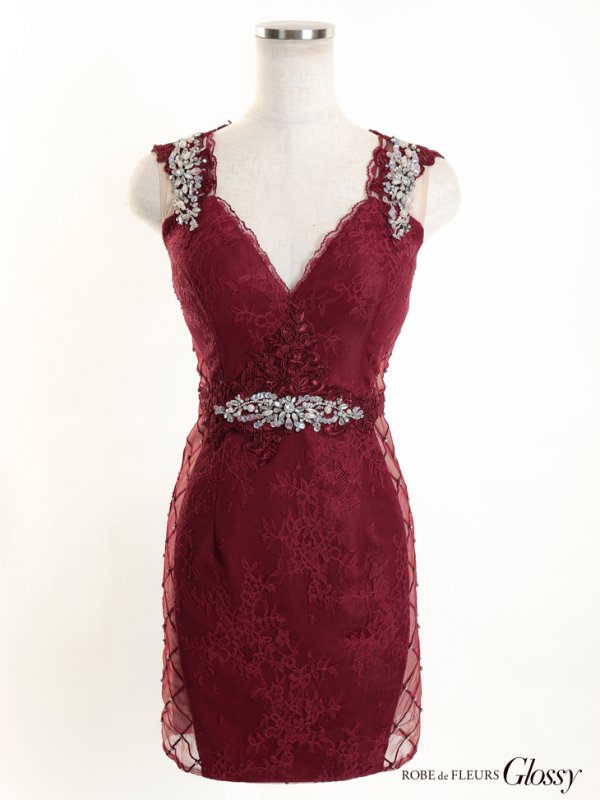 画像14: XSサイズあり【Glossy/グロッシー】ブロックチュール/ ビジュー/ レース/ タイト/ ミニドレス/ キャバドレス【OF08】 (14)