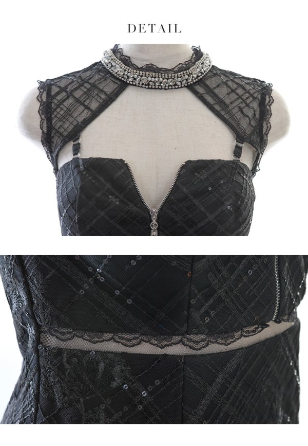 画像13: XSサイズあり【Glossy/グロッシー】リボンラインスリーブ/ 袖付き/ スタッズ/ フロントジップ/ フレア/ ミニドレス/ キャバドレス[OF08] (13)