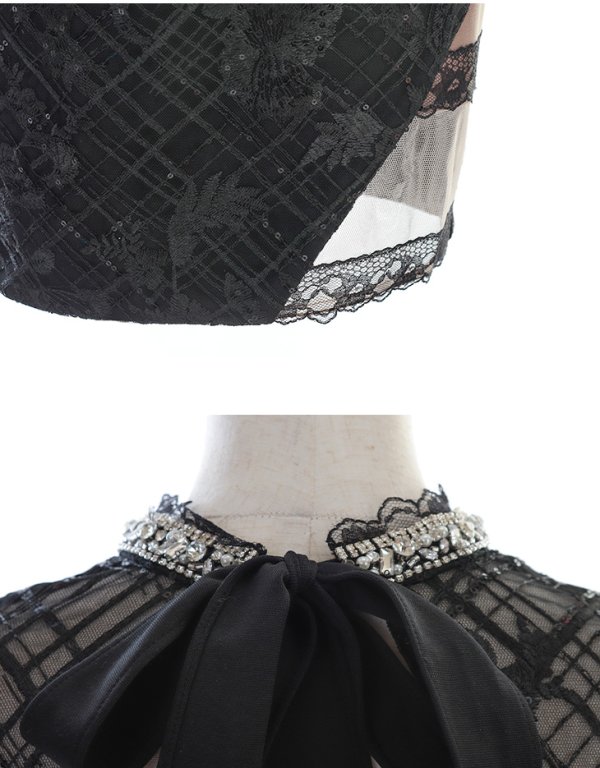 画像14: XSサイズあり【Glossy/グロッシー】リボンラインスリーブ/ 袖付き/ スタッズ/ フロントジップ/ フレア/ ミニドレス/ キャバドレス[OF08] (14)