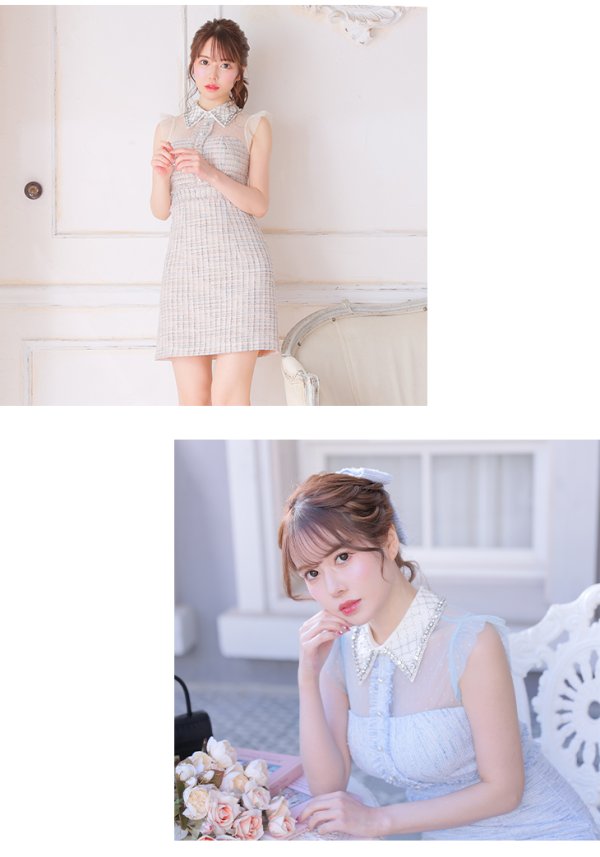 画像5: XSサイズあり【ROBE de FLEURS/ローブドフルール】ラメツイード/ ビジュー/ 襟つき/ 台形スカート/ ミニドレス/ キャバドレス[OF08] (5)