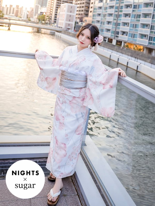 画像1: 【即日発送】【NIGHTS掲載】ニュアンスピンク水彩朝顔浴衣 【浴衣3点セット 浴衣/帯/下駄】[OF04] (1)