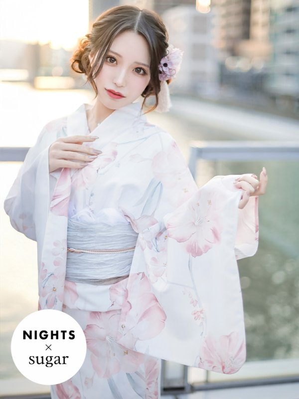 画像2: 【即日発送】【NIGHTS掲載】ニュアンスピンク水彩朝顔浴衣 【浴衣3点セット 浴衣/帯/下駄】[OF04] (2)