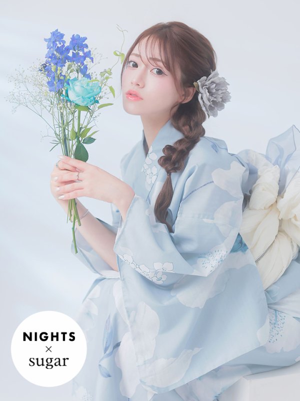 画像2: 【即日発送】【NIGHTS掲載】ブルーホワイトフラワー柄浴衣【浴衣３点セット 浴衣/帯/下駄】[OF04] (2)