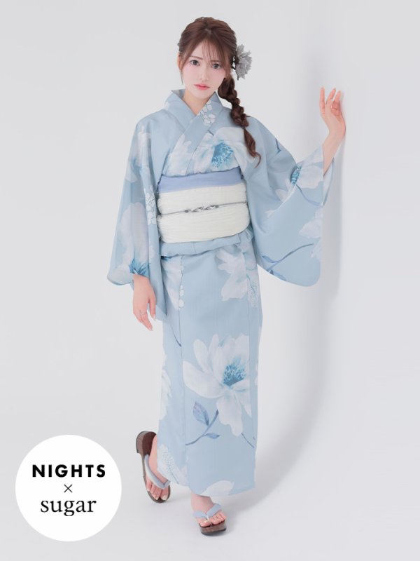 画像3: 【即日発送】【NIGHTS掲載】ブルーホワイトフラワー柄浴衣【浴衣３点セット 浴衣/帯/下駄】[OF04] (3)