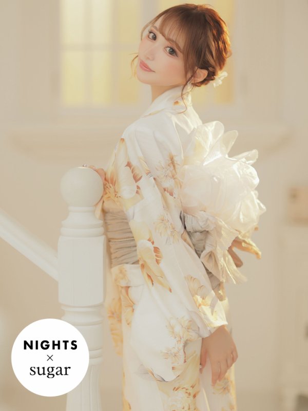 画像2: 【即日発送】【NIGHTS掲載】グレイッシュイエロー牡丹浴衣【浴衣３点セット 浴衣/帯/下駄】[OF04] (2)