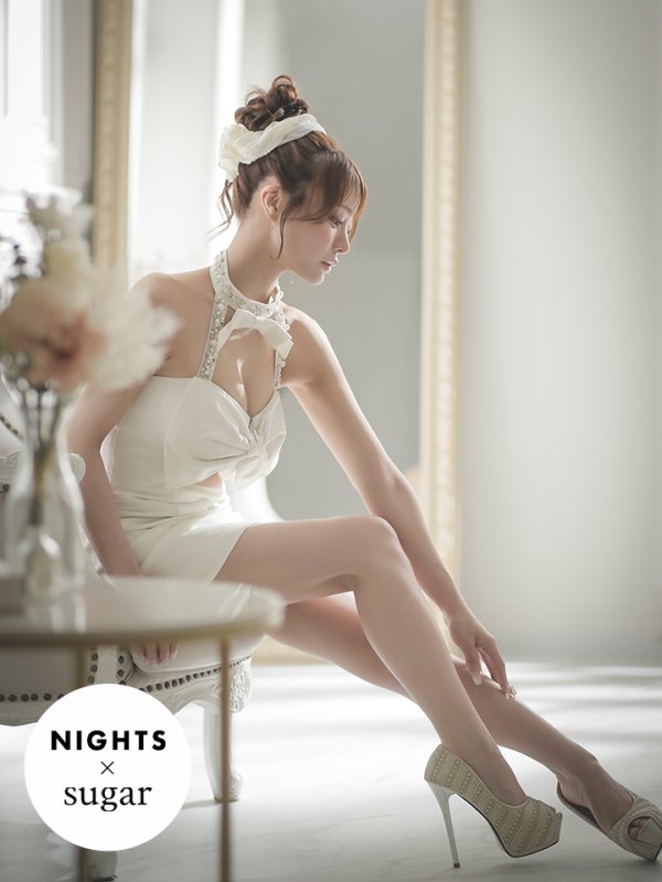 画像2: 【NIGHTS掲載】XSサイズあり【an /アン】リボン/ パール/ ビジュー/ ホルターネック/ バストジップ/ カットアウト/ タイト/ ミニドレス/ キャバドレス[OF05] (2)