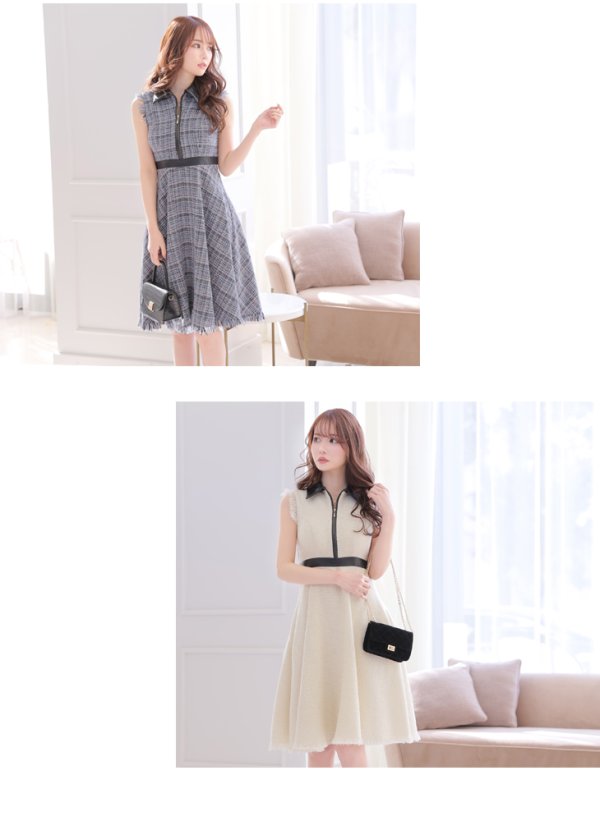 画像3: sugar限定カラー☆Lサイズあり【DEA./ディア】襟フロントジップ/ ツイード/ ミディアム丈/ ひざ丈/ ミニドレス/ キャバドレス【OF08】 (3)