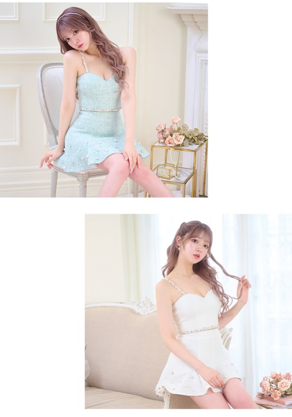 画像2: 訳あり商品☆ビジュー取れ☆XSサイズあり【ROBE de FLEURS/ローブドフルール】スプリングツイード/ ビジュー/ パール/ セットアップ/ フレア/ ミニドレス/ キャバドレス[OF2] (2)