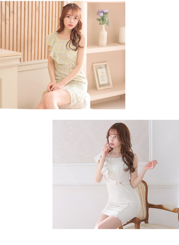 画像3: Lサイズあり【DEA./ディア】ツイード /フリル /アシンメトリー /ベルトデザイン /タイト/ ミニドレス/ キャバドレス【OF08】 (3)