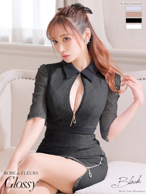 XSサイズあり【ROBE de FLEURS Glossy/ローブ・ド・フルール グロッシー】フロントジップ/ ストレッチ/ レース五分袖/ 長袖/ 袖あり/ レーススリーブ/ タイト/ ミニドレス/ キャバドレス ブラック