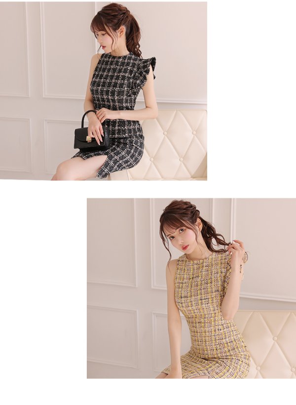 画像2: Lサイズあり【DEA./ディア】ラメツイード/ アシンメトリー/ フリル/ タイト/ ミディアム丈/ ワンピース/ ミニドレス/ キャバドレス【OF08】 (2)