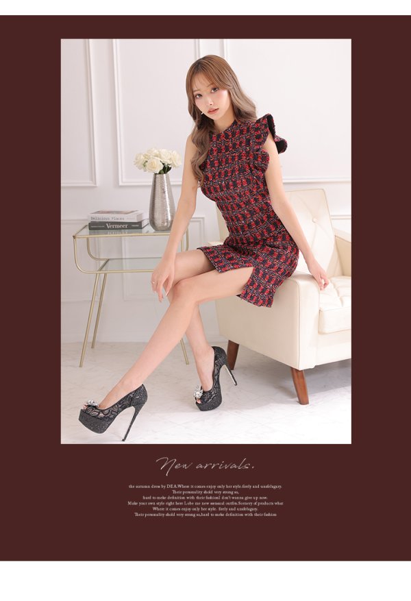 画像5: Lサイズあり【DEA./ディア】ラメツイード/ アシンメトリー/ フリル/ タイト/ ミディアム丈/ ワンピース/ ミニドレス/ キャバドレス【OF08】 (5)