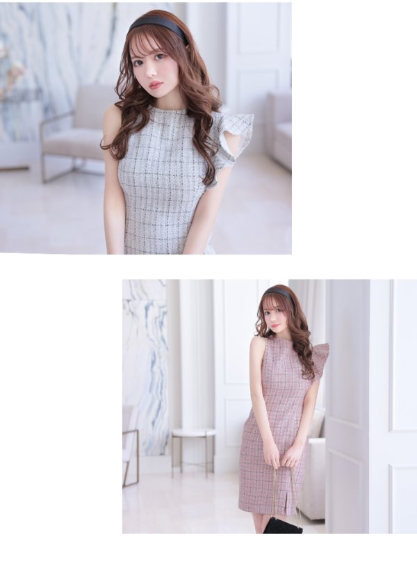 画像18: Lサイズあり【DEA./ディア】ラメツイード/ アシンメトリー/ フリル/ タイト/ ミディアム丈/ ワンピース/ ミニドレス/ キャバドレス【OF08】 (18)