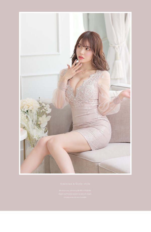 画像4: XSサイズあり【ROBE de FLEURS/ローブドフルール】長袖/ 袖あり/ チュールスリーブ/ スカラップカット/ ミニドレス/ キャバドレス[OF08] (4)